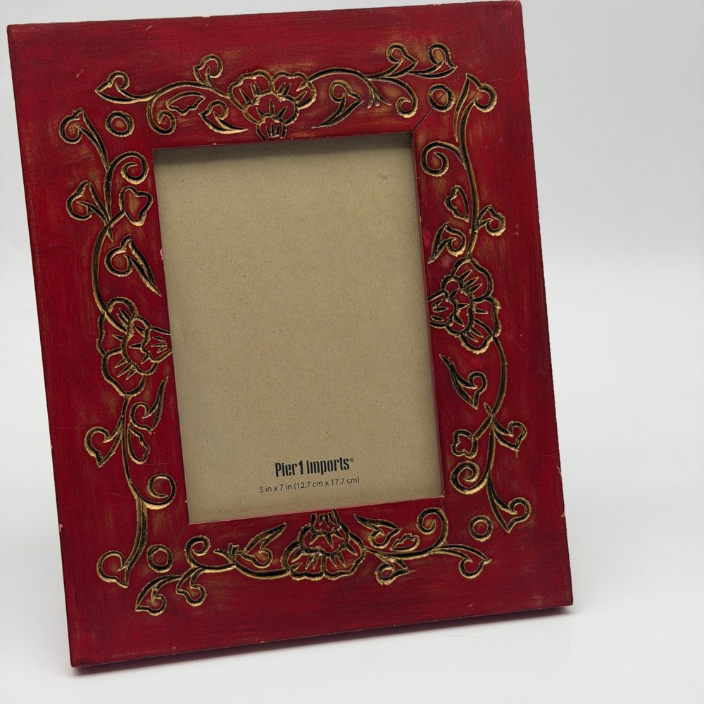 Pier 1 Imports Red Gold Floral Carved Wood 5x7 Photo Picture Frame Boho Decor